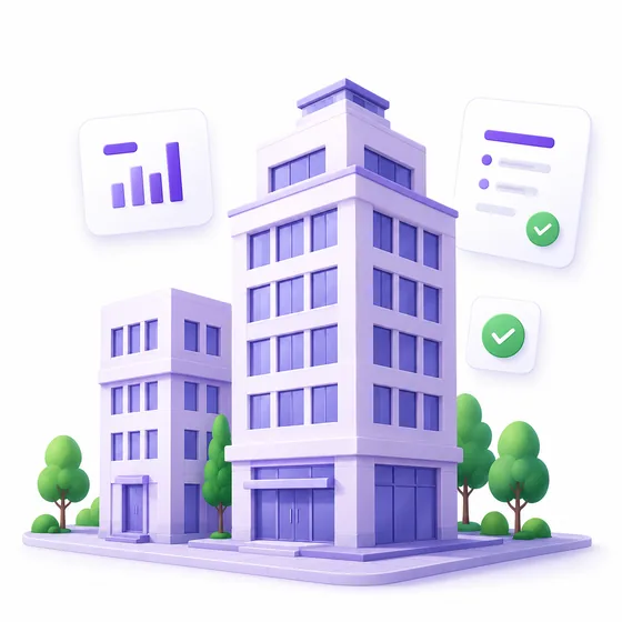 Illustration 3D d'un immeuble de rapport entouré d'un graphique de recouvrement et d'une liste de contrôle, le parc suivi avec Immo Manager